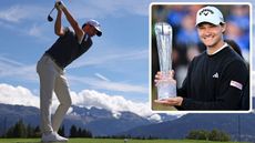 Rasmus Hojgaard hitting a tee shot with an inset image of Rasmus Hojgaard holding the 2024 Irish Open trophy