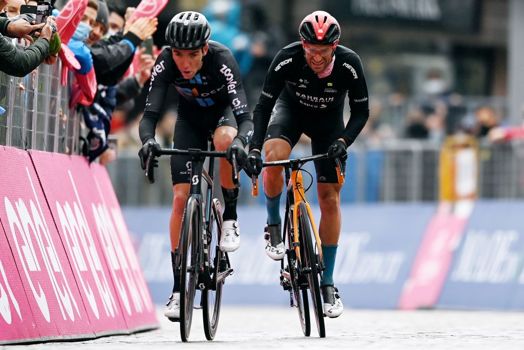CORTINA D'AMPEZZO, ITALY - MAY 24: xxx of xxx and xxx during the 104th Giro d'Italia 2021, Stage 17 a x km stage from x to x / @girodiitalia / #Giro / on May 24, 2021 in Cortina d'Ampezzo, Italy. (Photo by Stuart Franklin/Getty Images)