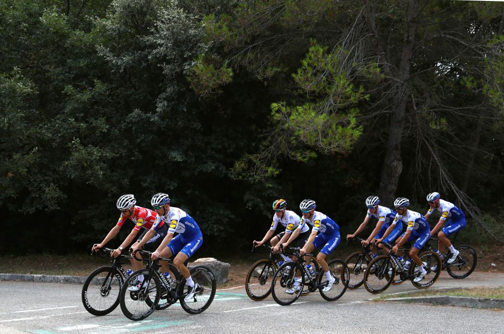 NICE FRANCE AUGUST 27 Kasper Asgreen of Denmark Michael Morkov of Denmark Julian Alaphilippe of France Sam Bennett of Ireland Tim Declercq of Belgium Dries Devenyns of Belgium Bob Jungels of Luxembourg Zdenek Stybar of Czech Republic and Team Deceuninck QuickStep during the Team Deceuninck QuickStep Training TDF2020 LeTour on August 27 2020 in Nice France Photo by Michael SteeleGetty Images