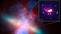 A colorful view of space with tendrils and blobs of gas. A box-out shows a bunch of glowing dots.