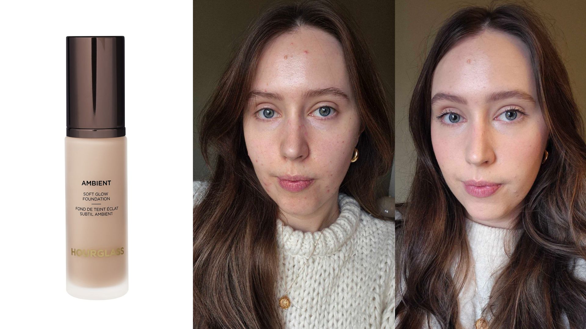 Hourglass Ambient Soft Glow Foundation next to a before and after of Naomi wearing the product