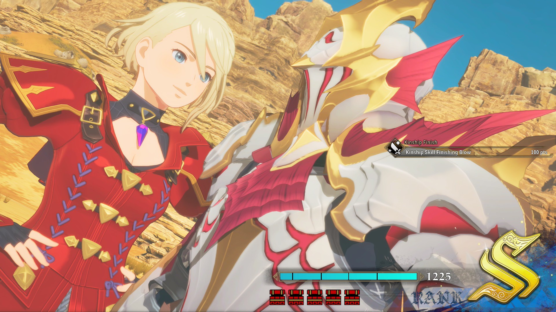 Eleanor celebrates a victory in the battle results screen in Monster Hunter Stories 3: Twisted Reflection