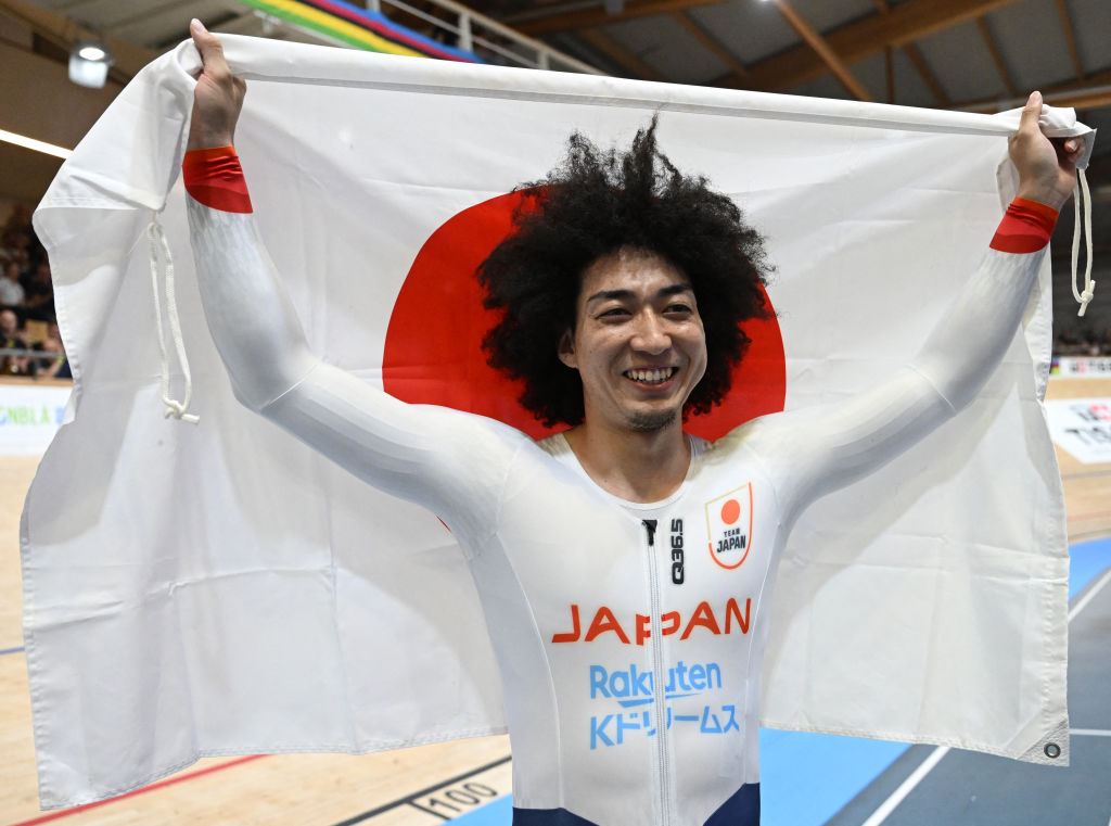 Winner Japan's Kento Yamasaki celebrates after the men's Keirin final race of the UCI Track Cycling World Championships in Ballerup, Denmark, on October 17, 2024. (Photo by Jonathan NACKSTRAND / AFP)