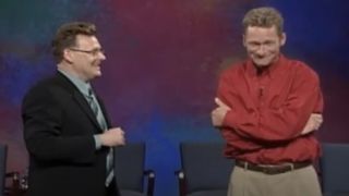 Greg Proops and Ryan Stiles laughing at their impersonations on Whose Line Is It Anyway?