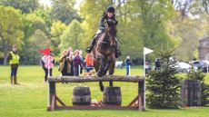 Hannah Taylor and Legaland Best One jumping a cross-country fence in the BE100 level eventing grassroots championships at Badminton.