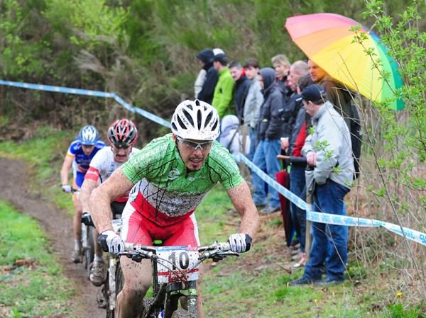 Marco Fontana (Cannondale) leads some riders uphill.