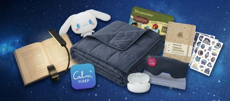 A collage of sleep products against a starry background: a Gritin LED light on a book, a TeeTurtle weighted plushie, a box of Celestial Seasonings Tea Bags, A Clever Fox Dream Journal, A SilkSound eye mask, a pair of Anker soundcore ear buds, a Yescool weighted blanket and the Calm Sleep app