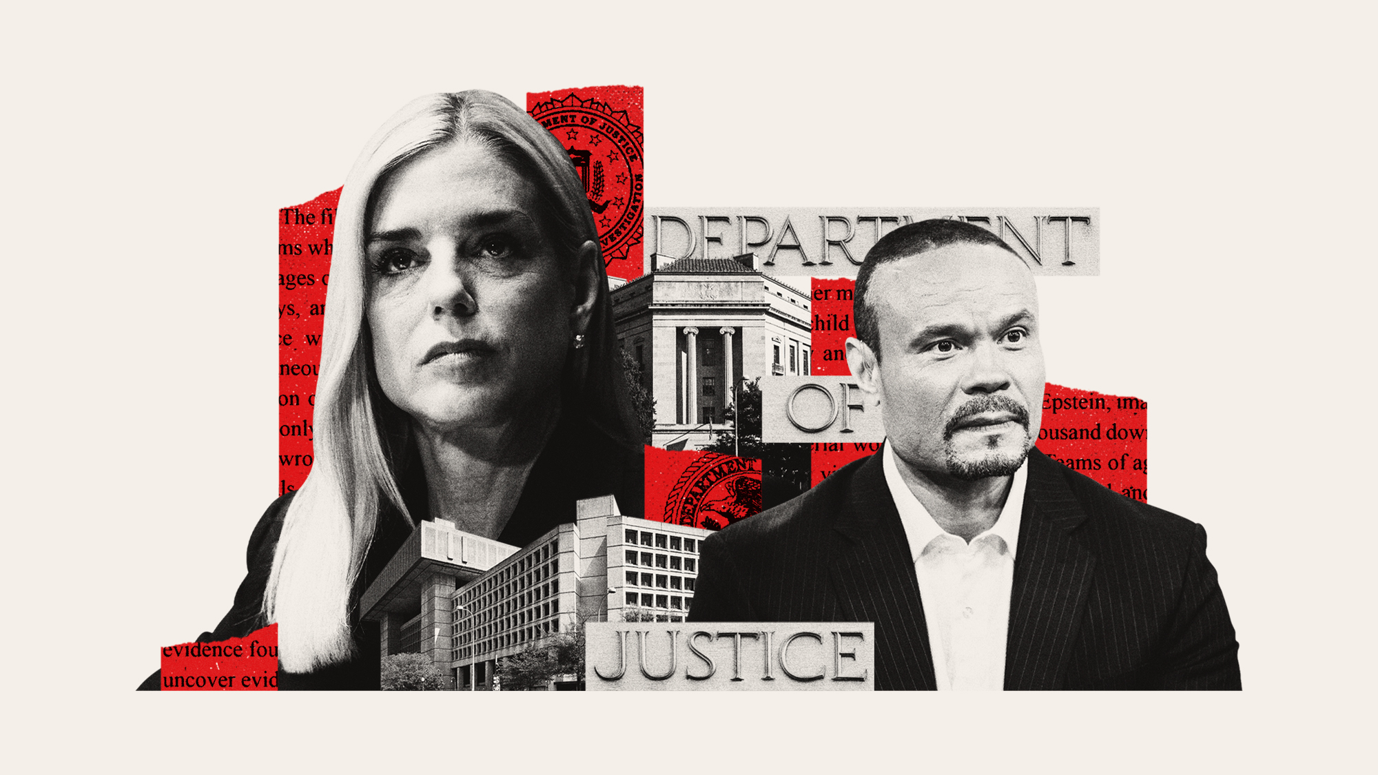 Photo composite illustration of Pam Bondi, Dan Bongino, the DOJ and FBI buildings, and text from an FBI press release on the Epstein client list