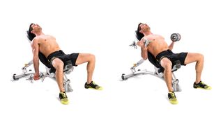Man demonstrates two positions of the incline dumbbell curl exercise
