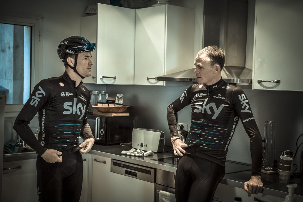Chris Froome and Salvatore Puccio have a chat at the Team Sky house before riding out