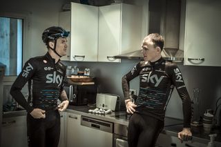 Chris Froome and Salvatore Puccio have a chat at the Team Sky house before riding out