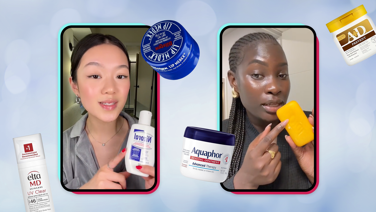 A collage of two women holding up their favorite unsexy beauty products surrounded by a collage of unsexy beauty products recommended by Marie Claire beauty editors