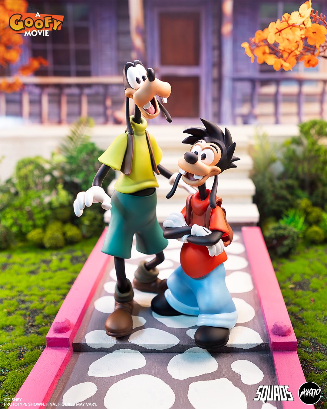 A Goofy Movie figures posing against themed backgrounds