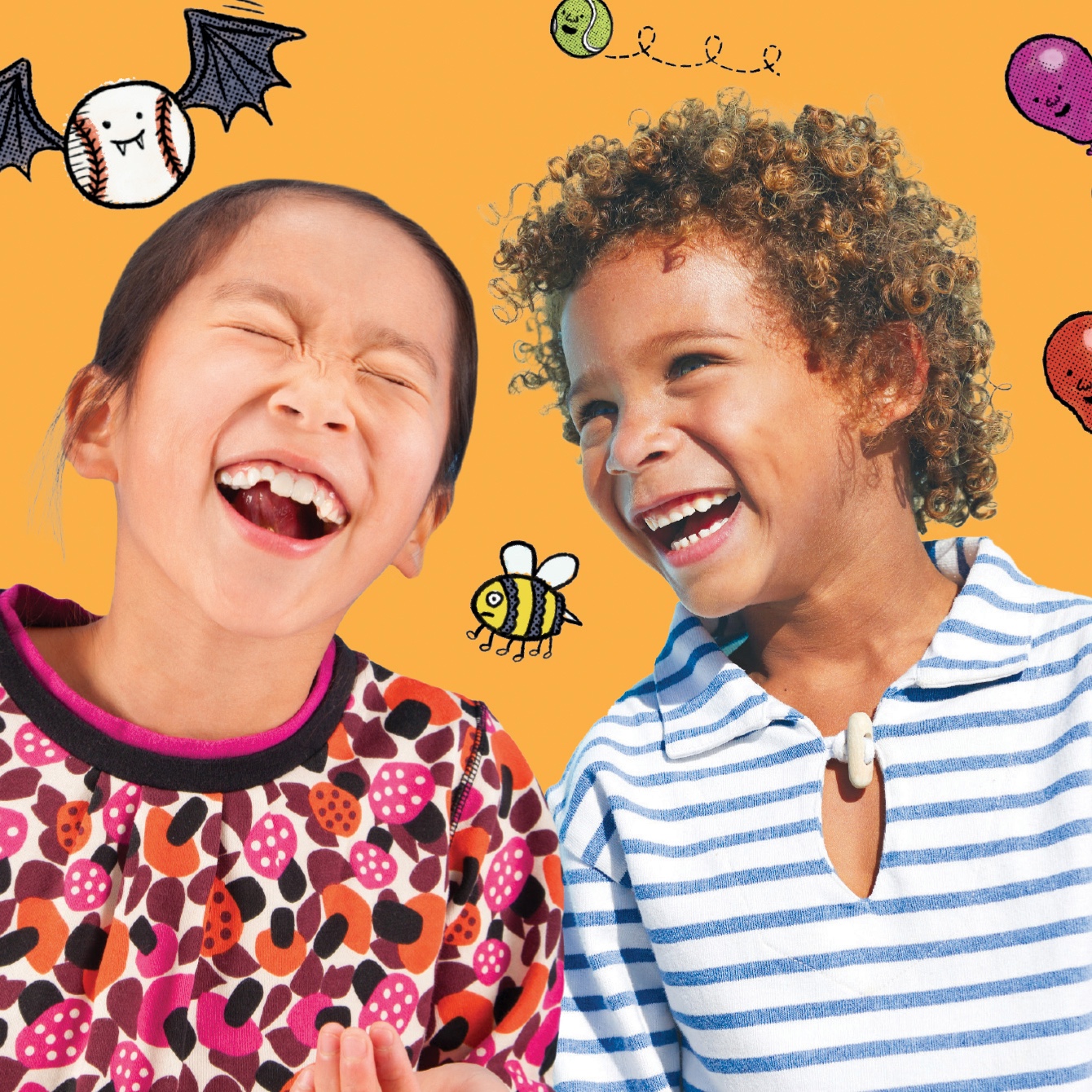 Boy and girl laughing surrounded by illustrations
