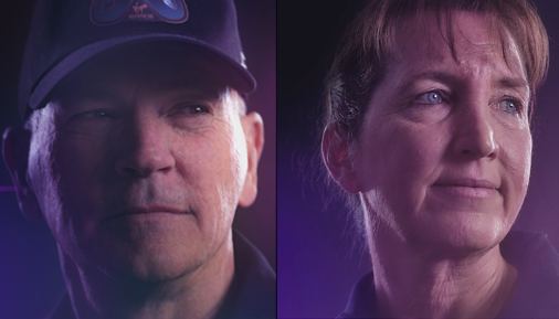 The heads of a man and a woman are displayed with inspirational looks and a faded purple and black background.