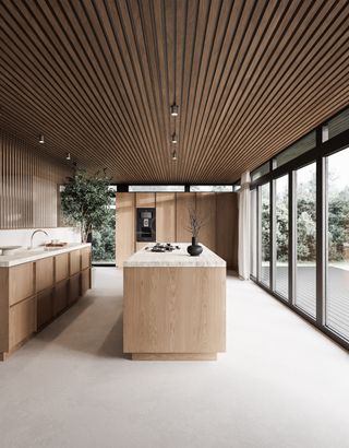 concrete floor with oak kitchen