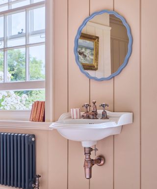 A pink and blue bathroom