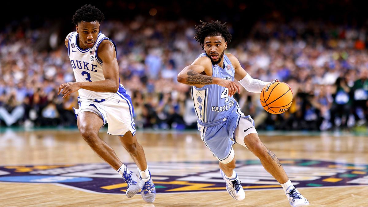 RJ Davis #4 of the North Carolina Tar Heels drives against Jeremy Roach #3 of the Duke Blue Devils during the 2022 NCAA Men&#039;s Basketball Tournament Final Four at Caesars Superdome on April 2, 2022 in New Orleans, Louisiana.