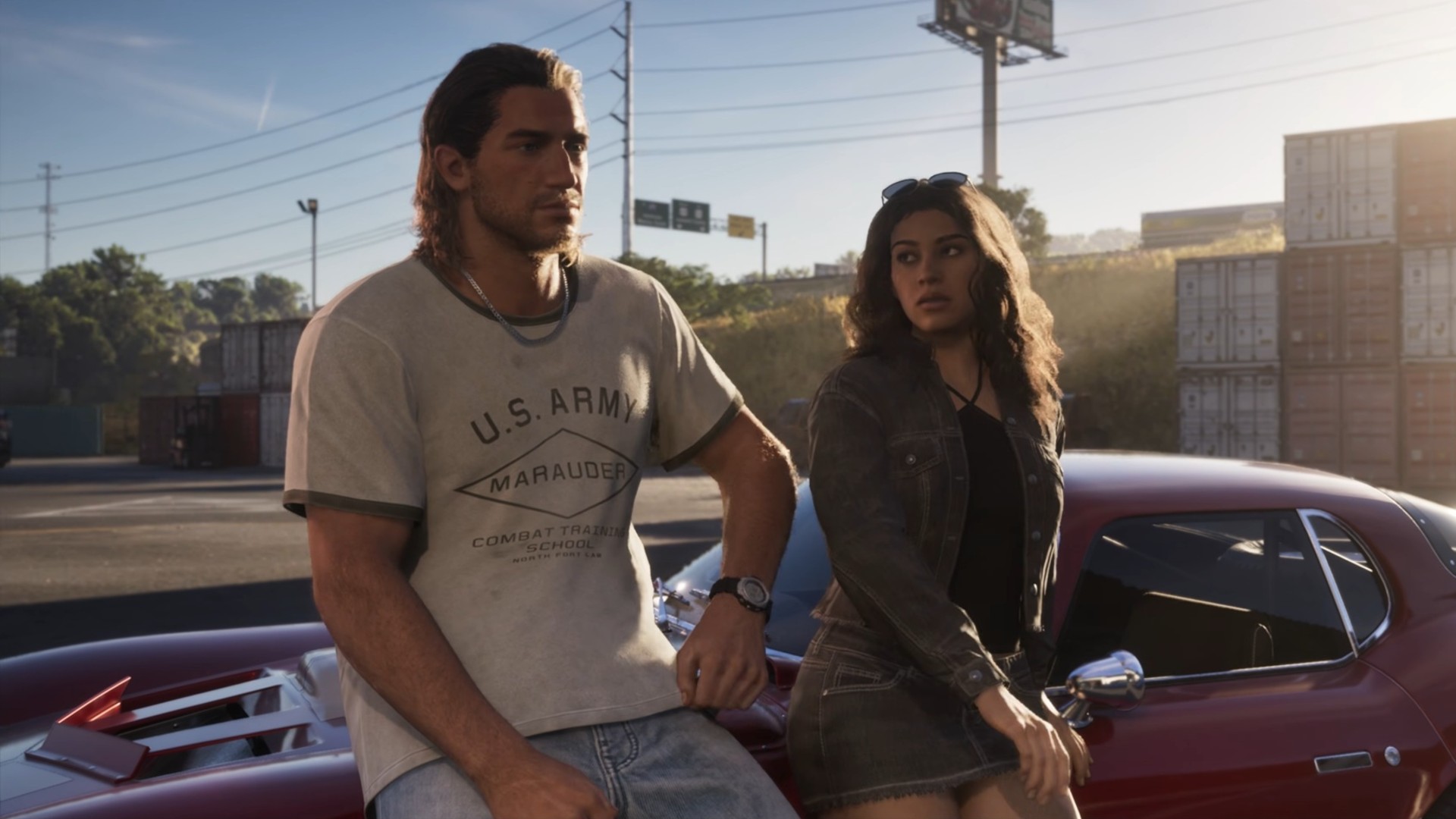 GTA 6 leads Jason and Lucia sit on a car while in conversation