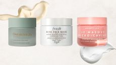 3 of the best face masks featured in this guide from (left to right) Omorovicza, Fresh and Beauty Pie, set in front of 2 product swatches on an off-white background
