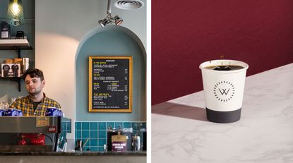 workshop coffee’s Fitzrovia coffee bar, left, and a cup of its single origin coffee in a white cup with black print