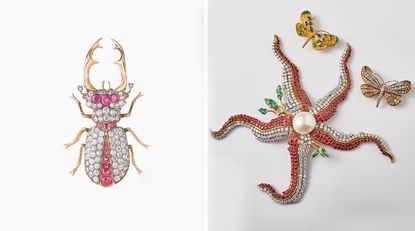 Left, pink and diamond beetle brooch and right, jewelled starfish with a pearl in the middle