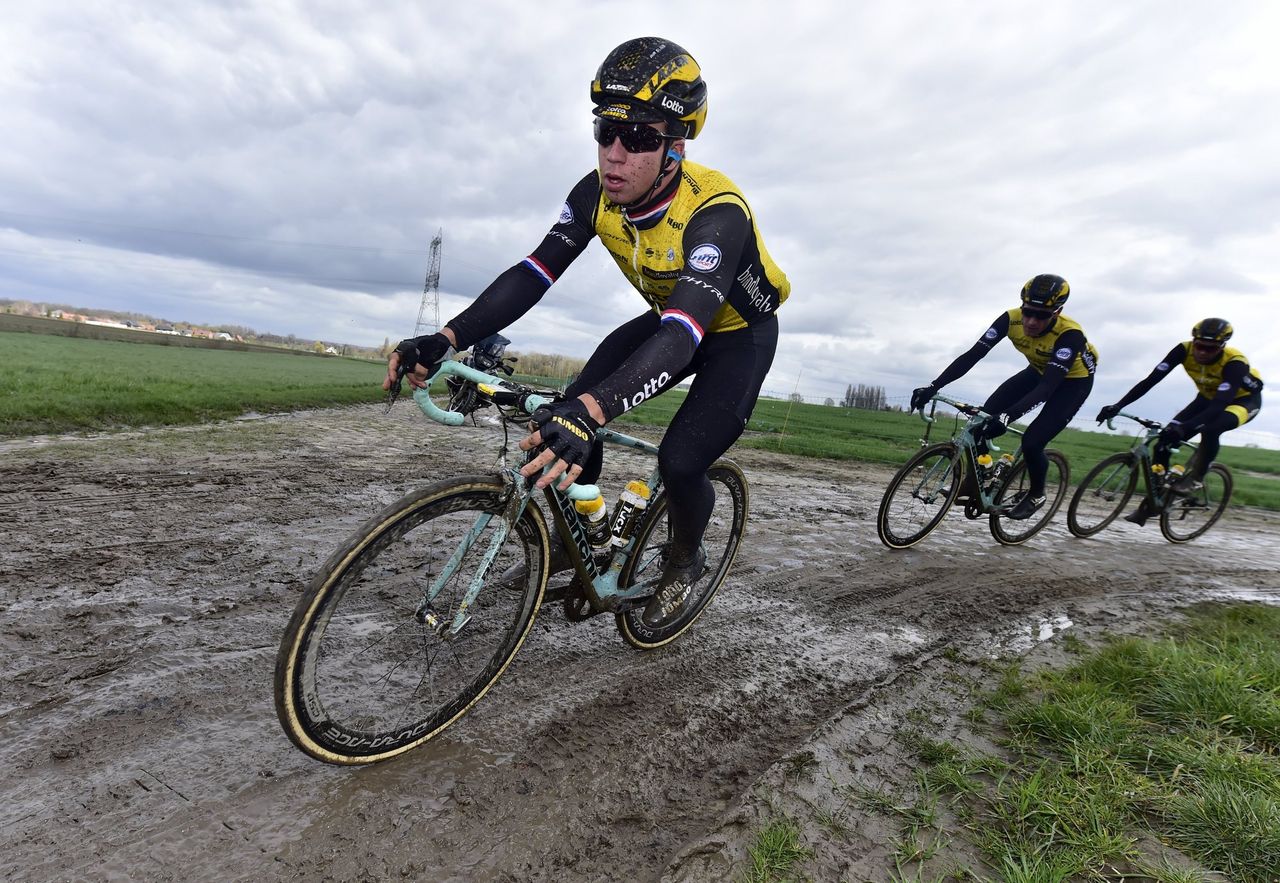 Dylan Groenewegen (LottoNl-Jumbo) on the mucky Paris-Roubaix section