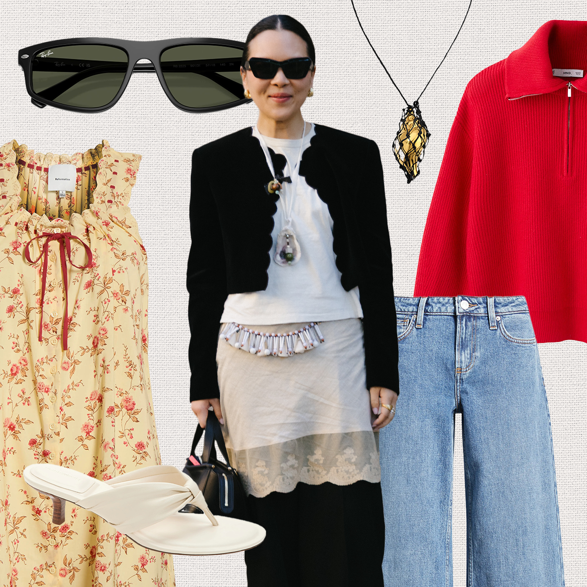 Linda Cui Zhang wearing a black jacket, white tee, and lace skirt