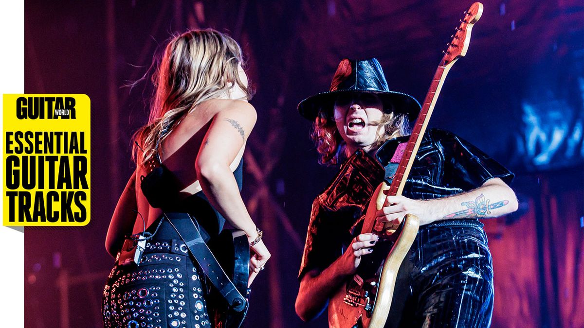 Victoria De Angelis and Thomas Raggi of Måneskin perform at San Siro Stadium on July 24, 2023 in Milan, Italy.