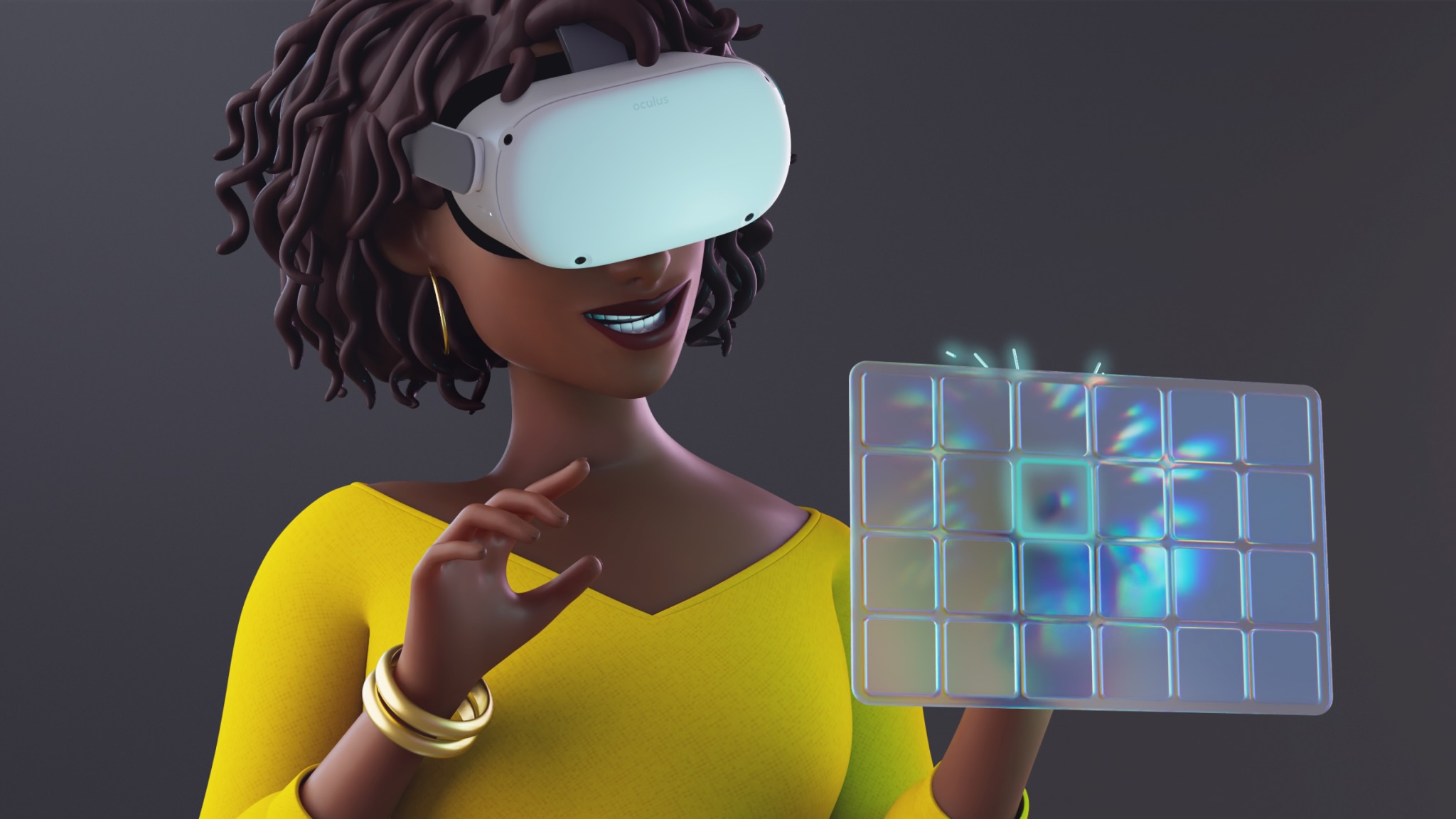 Meta Quest 2 promo image showing a Quest 2-wearing woman tapping a virtual display with her finger via Direct Touch.
