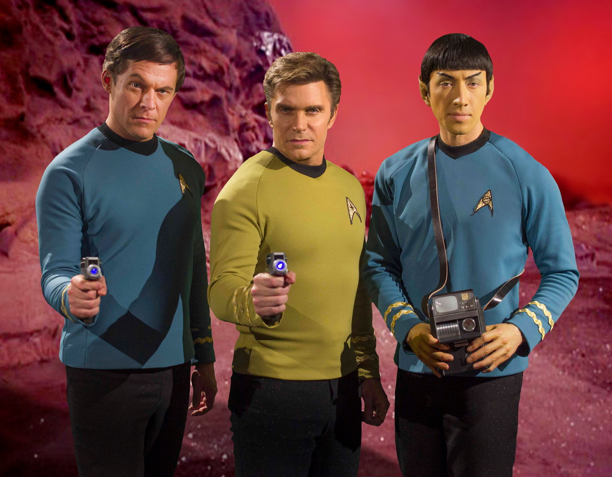 (L to R) Chuck Huber, Vic Mignogna and Todd Haberkorn as McCoy, Kirk and Spock for the web series 