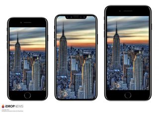 The alleged iPhone 8 (center) with iPhone 7 and Plus flanking, in renders published by iDrop News.