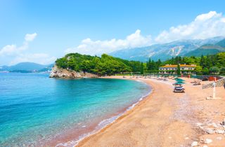 2AB94JX Adriatic sea coast, Milocer queens beach, Sveti Stefan, Montenegro.