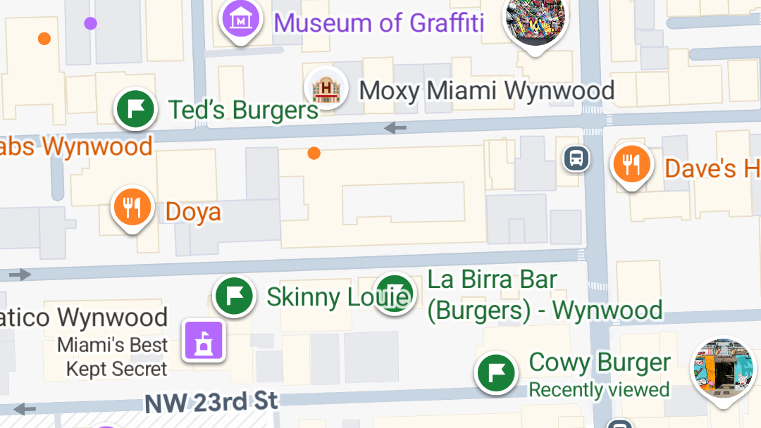 Google Maps screenshot showing four restaurants and a hotel plotted on a map in Miami