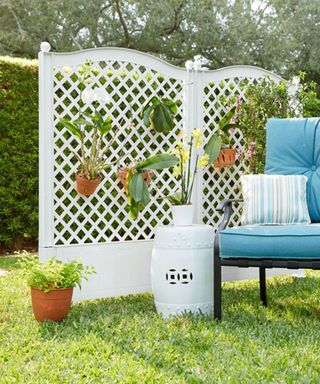 White trellis fencing with hanging planters