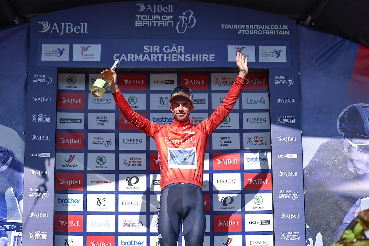 Picture by SWpix.com - 07/09/2021 - Cycling - AJ Bell Tour of Britain Stage 3 - Carmarthenshire Team Time Trial - Llandeilo to National Botanic Garden of Wales, Wales - Podium - Canyon dhb SunGod's Jacob Scott retains the Eisberg sprints jersey.