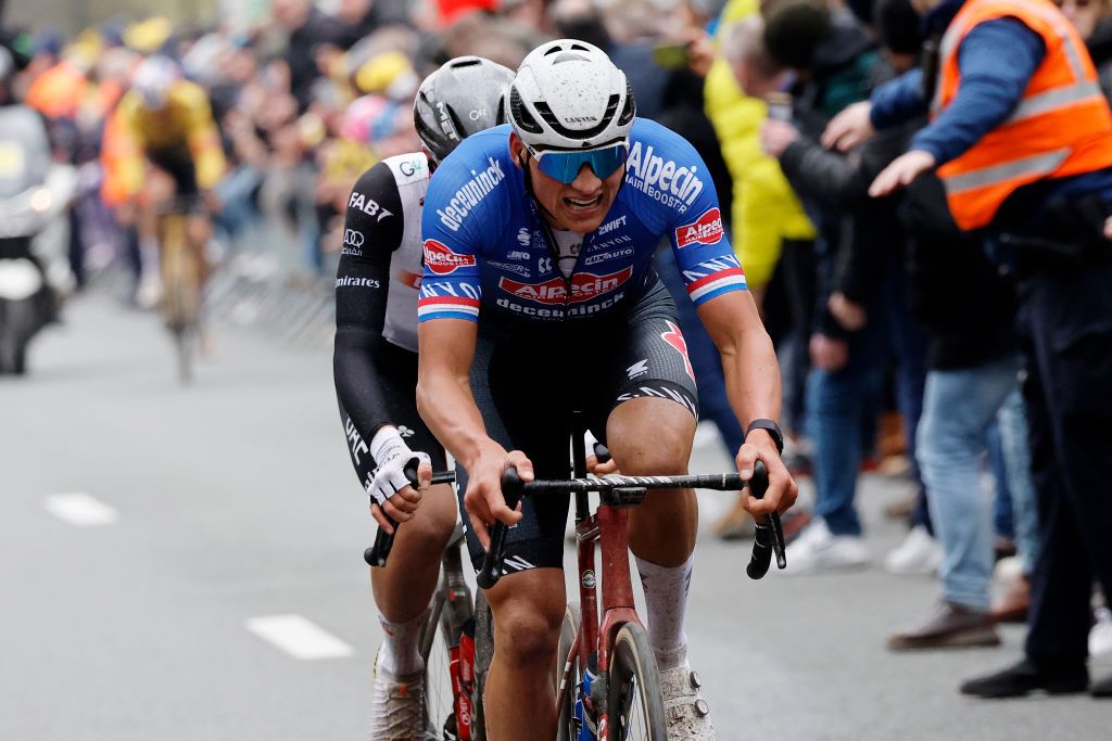 OUDENAARDE BELGIUM APRIL 02 Mathieu Van Der Poel of The Netherlands and Team AlpecinDeceuninck competes during the 107th Ronde van Vlaanderen Tour des Flandres 2023 Mens Elite a 2734km one day race from Brugge to Oudenaarde UCIWT on April 02 2023 in Brugge Belgium Photo by Jan de Meuleneir PoolGetty Images