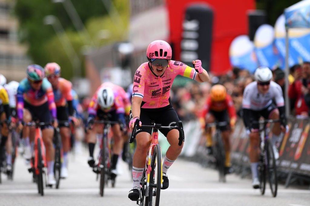 BURGOS SPAIN MAY 16 Lotta Henttala of Finland and Team EF EducationCannondale celebrates at finish line as stage winner during the 9th Vuelta a Burgos Feminas 2024 Stage 1 a 123km stage from Villagonzalo Pedernales to Burgos UCIWWT on May 16 2024 in Burgos Spain Photo by Alex BroadwayGetty Images