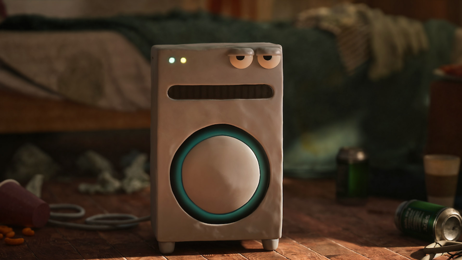 An animated stop motion clay washing machine with googly eyes in a messy bedroom