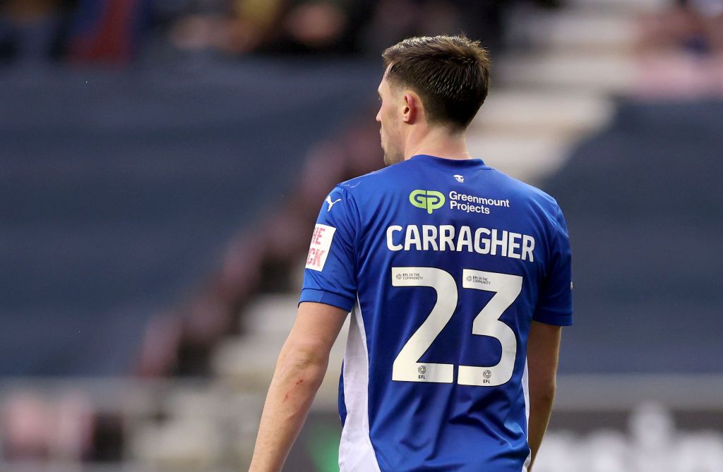 WIGAN, ENGLAND - FEBRUARY 08: James Carragher of Wigan Athletic during the Emirates FA Cup Fourth Round match between Wigan Athletic and Fulham at Brick Community Stadium on February 08, 2025 in Wigan, England. (Photo by Carl Recine/Getty Images)