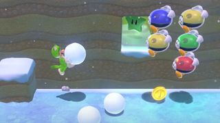 Luigi throwing a snowball at Biddybuds to enter opening in cliff.