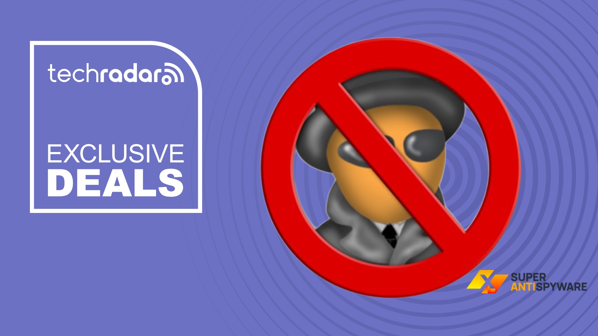 The SuperAntiSpyware Pro logos on a purple background next to a TechRadar badge in the upper left corner that reads 'Exclusive Deals'