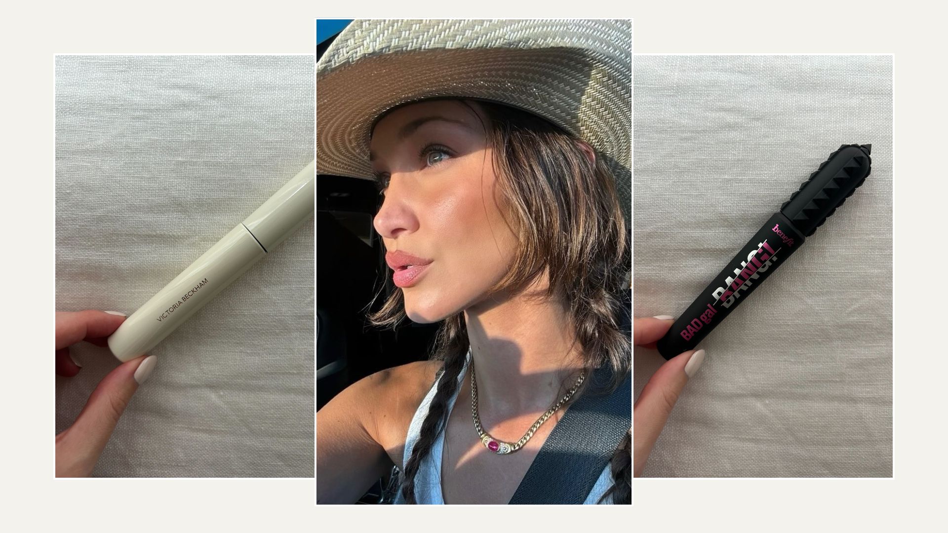 A selfie of Bella Hadid next to some of the best smudge-proof mascaras