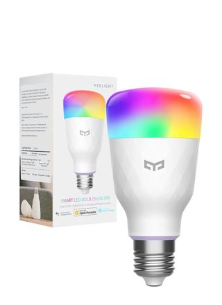 Yeelight Smart LED Bulb 1S Color and packaging on a white background.