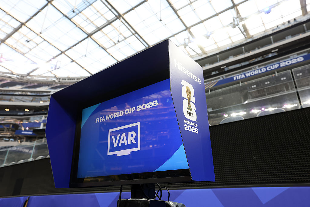 General view of FIFA World Cup 2026 branding on the pitchside VAR screen at SoFi Stadium on June 09, 2026 in Los Angeles, California