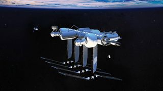 illustration of a silver-white space station with the curve of earth in the background. 