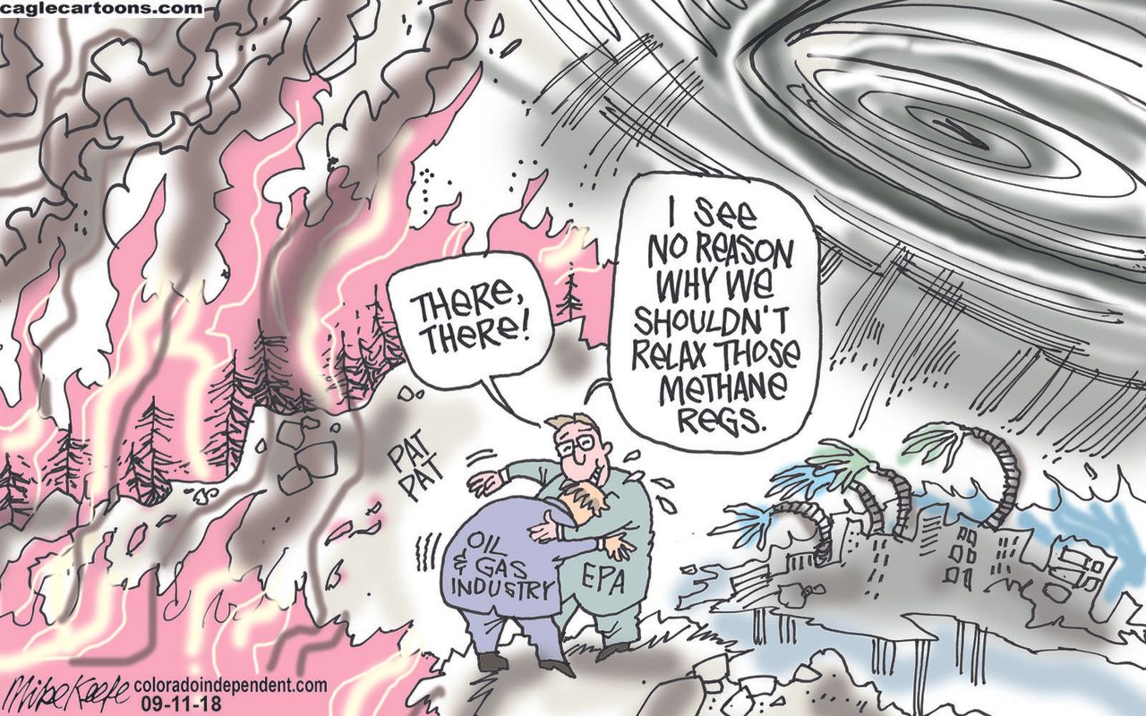 Political cartoon U.S. EPA methane emission regulations climate change natural disasters