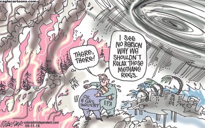 Political cartoon U.S. EPA methane emission regulations climate change natural disasters