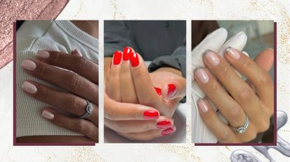 On the left, is a closeup of a hand with milky pink and pearl chrome nails by nail artist, Fliss Alton/@ gelsbyfliss, followed by a picture of two hands with bright red nails by celebrity nail artist, Julia Diogo/@paintedbyjools and finally, on the right, is a hand with silver glitter French tip nails, again by Fliss Alton / all featured in a cream and gold glittery template with two nail polish spills