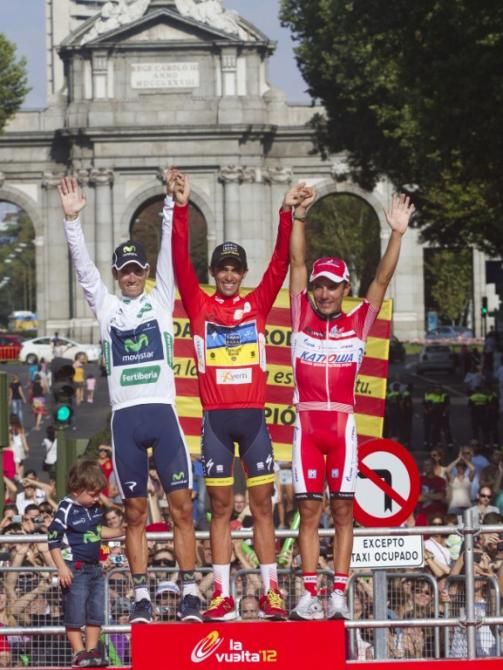 An all Spanish final podium at the Vuelta (L-R): Alejandro Valverde, 2nd; Alberto Contador, 1st; and Joaquim Rodriguez, 3rd